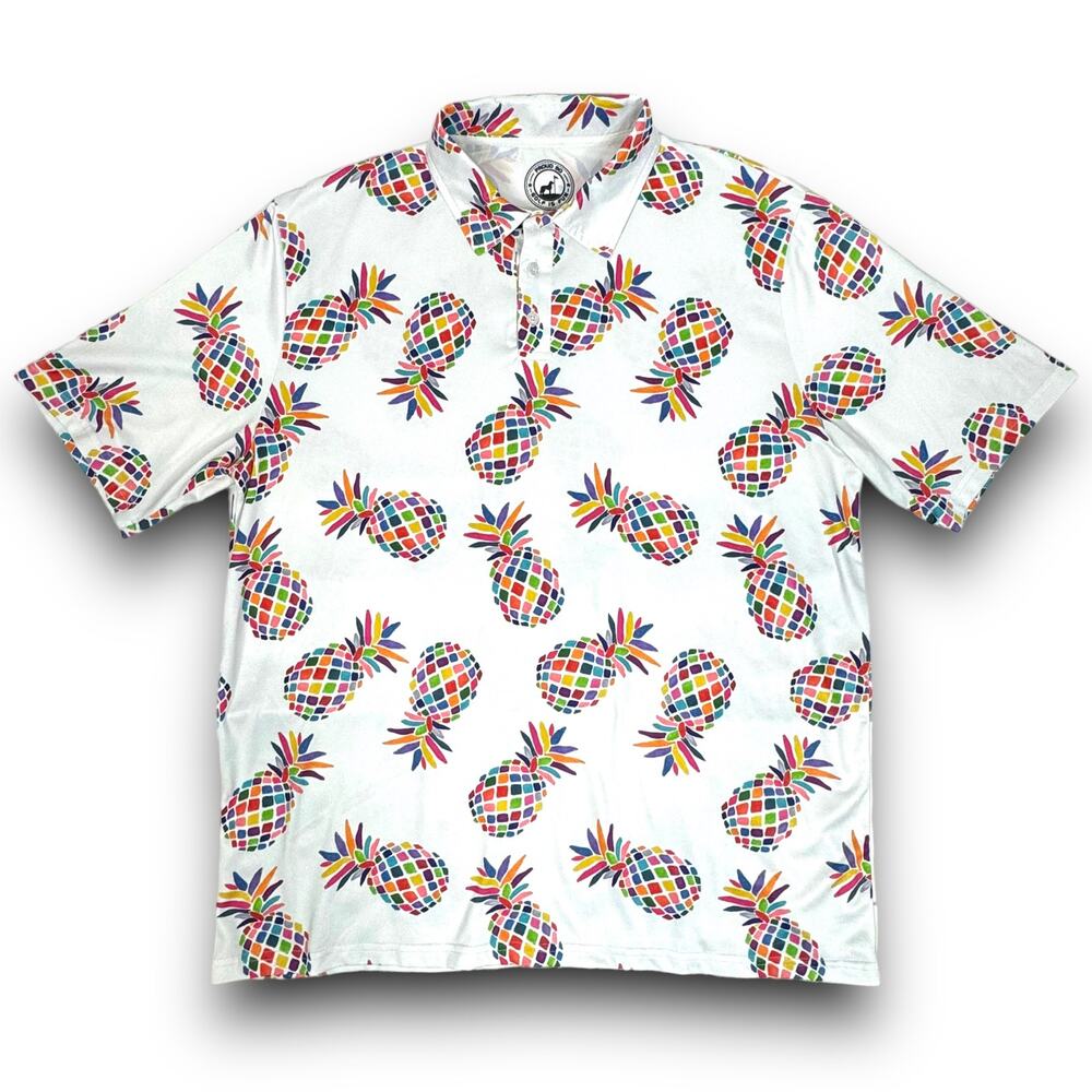 Proud 90 Mens Golf Performance Polo White Multicolor Pineapple Print Size XL